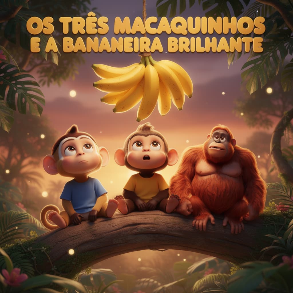 Capa do livro Os Três Macaquinhos e a Bananeira Brilhante